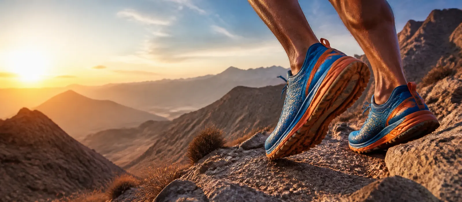 Runner wearing performance shoes on an Oman mountain trail
